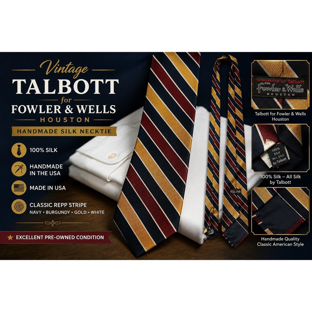 Robert Talbott Fowler & Wells Silk Tie Navy Burgundy Gold Repp Stripe Vtg USA